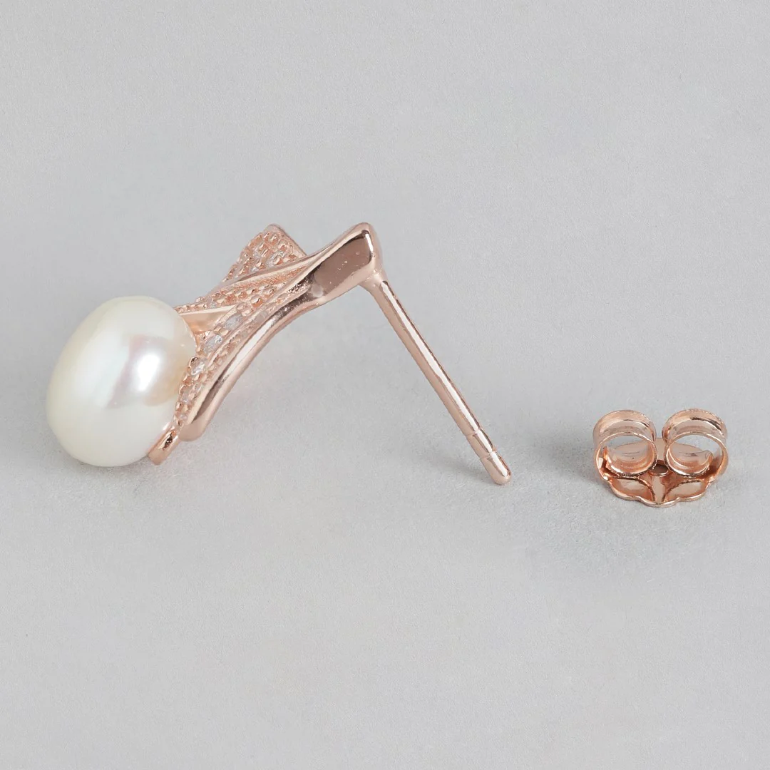 Pearl Elegance Rose Gold-Plated CZ & Freshwater Pearl 925 Sterling Silver Earrings - Image 6