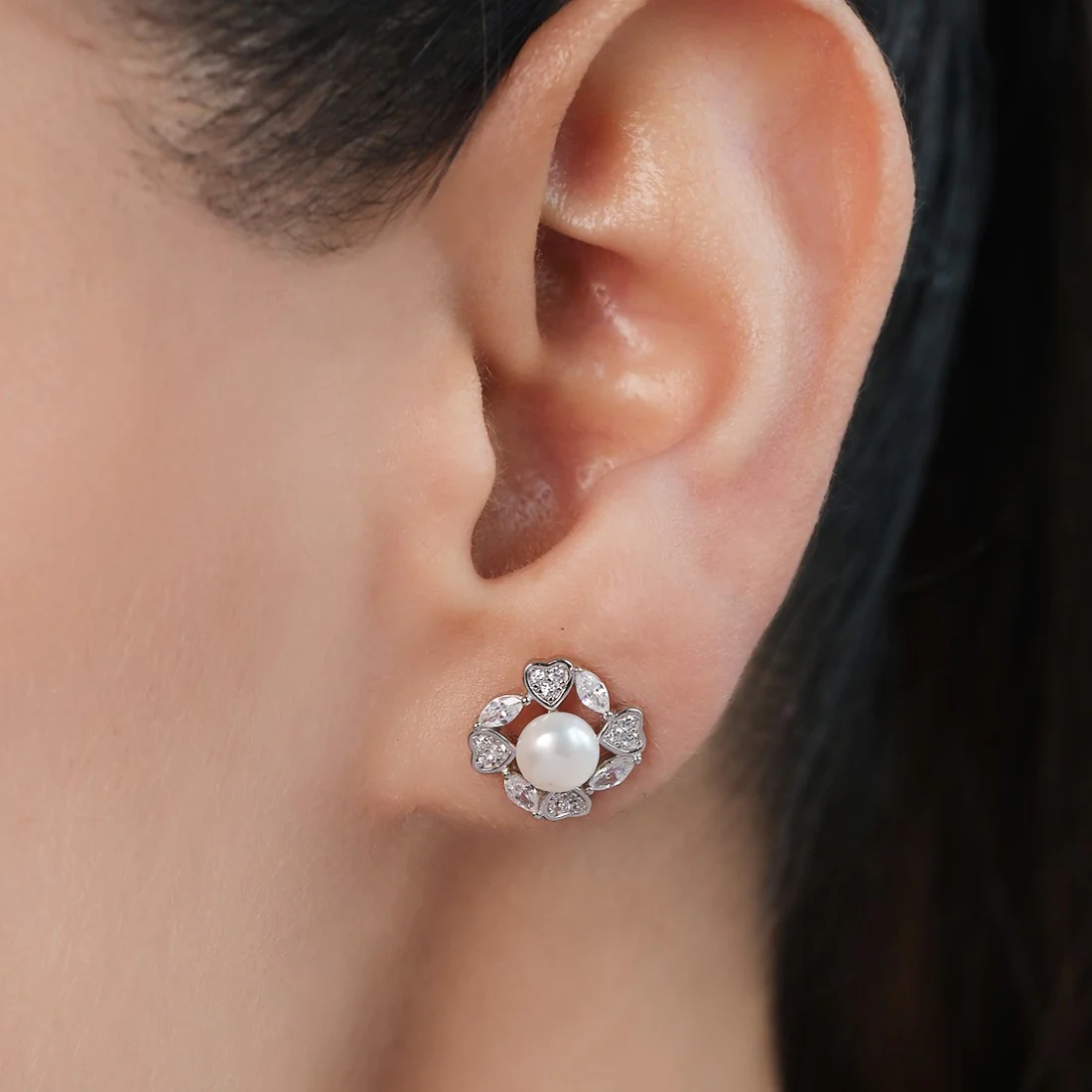 Pearl Heartbeat Rhodium Plated 925 Sterling Silver Stud Earring - Image 2