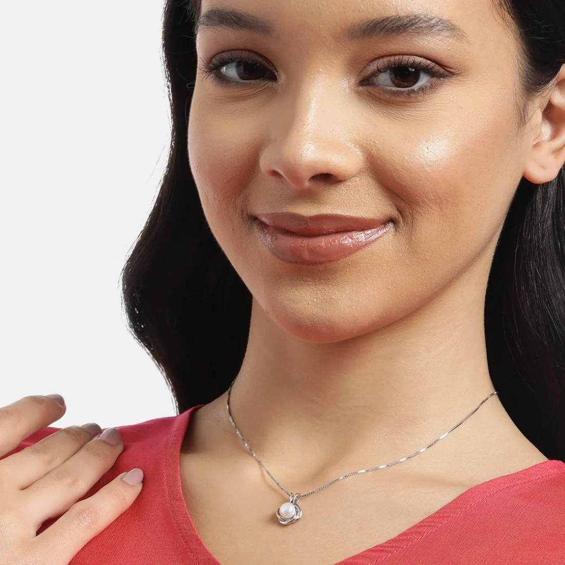 Pearlescent Radiance Charm Rhodium-Plated 925 Sterling Silver Pendant with Chain - Image 2