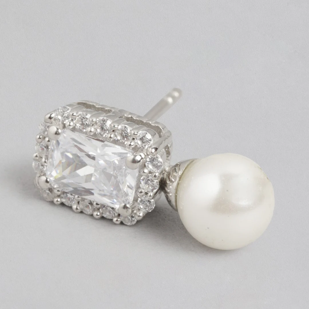 Pearlescent Radiance Rhodium-Plated CZ & Freshwater Pearl Drop Earrings - Image 4