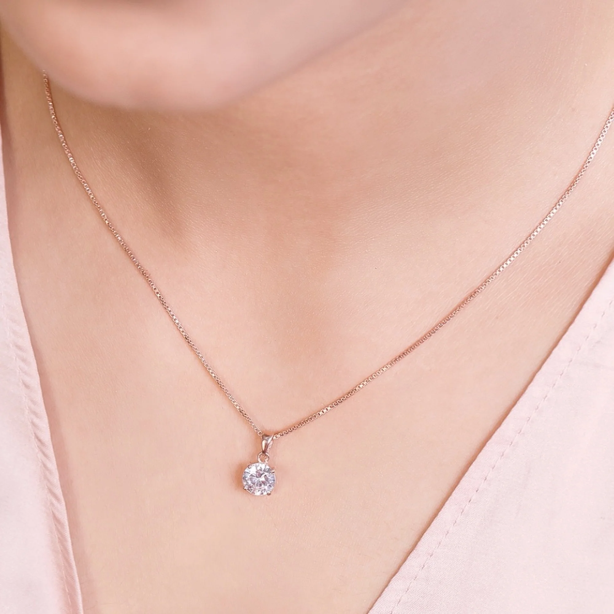 Radiant Sparkle - Solitaire 925 Silver Necklace in Rose Gold - Image 2