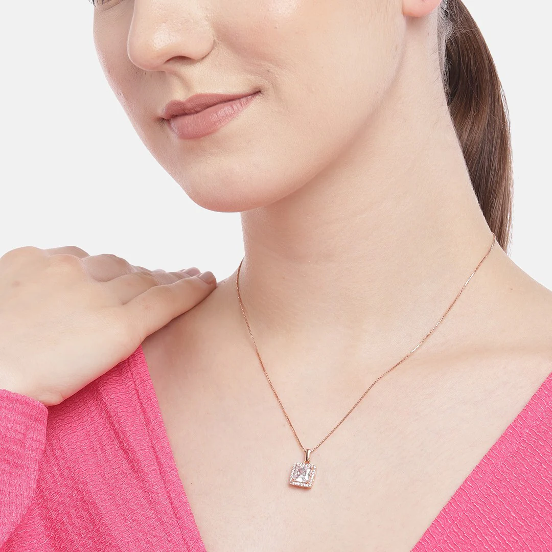 Square Solitaire Rose Gold Plated 925 Sterling Silver Pendant with Chain - Image 3