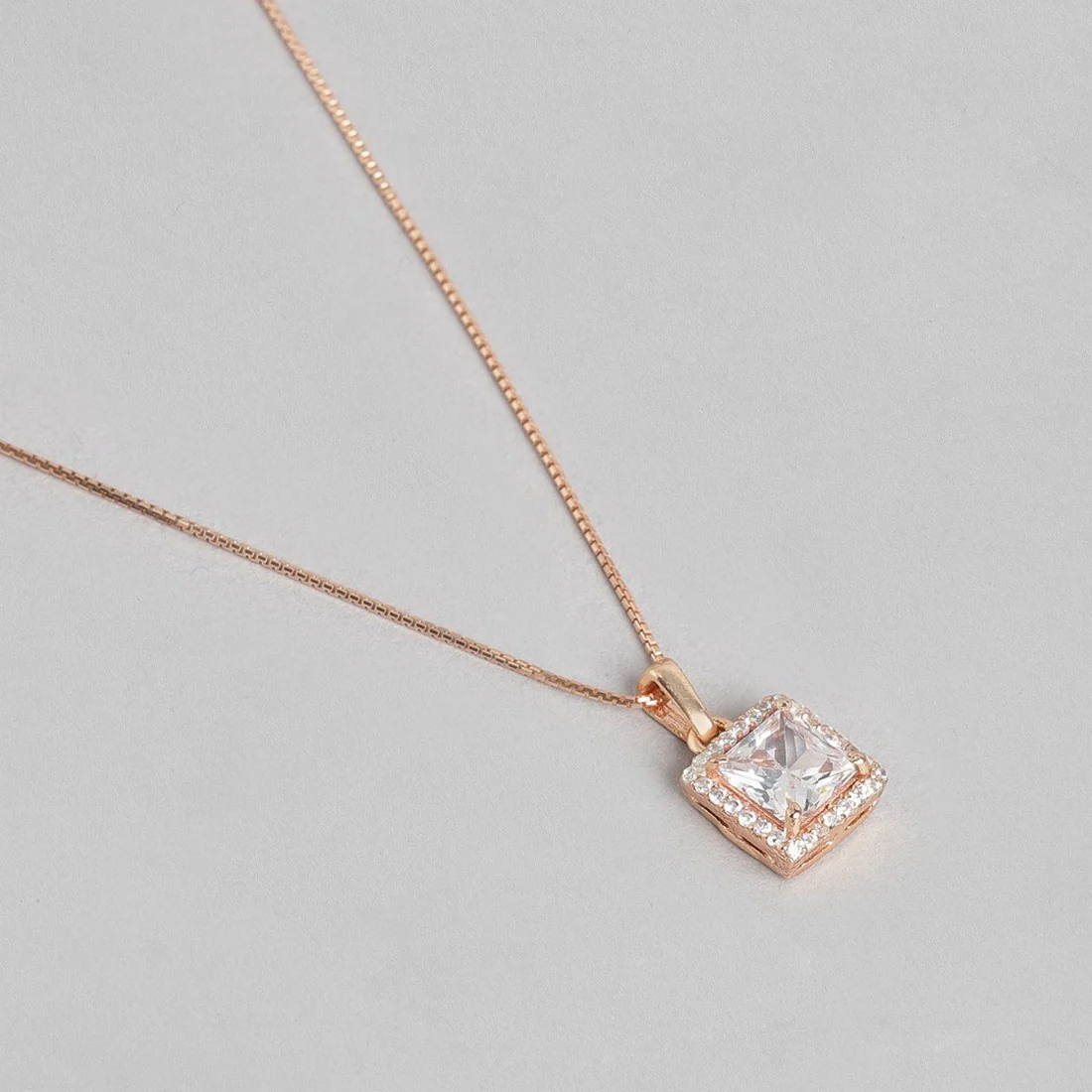 Square Solitaire Rose Gold Plated 925 Sterling Silver Pendant with Chain - Image 6