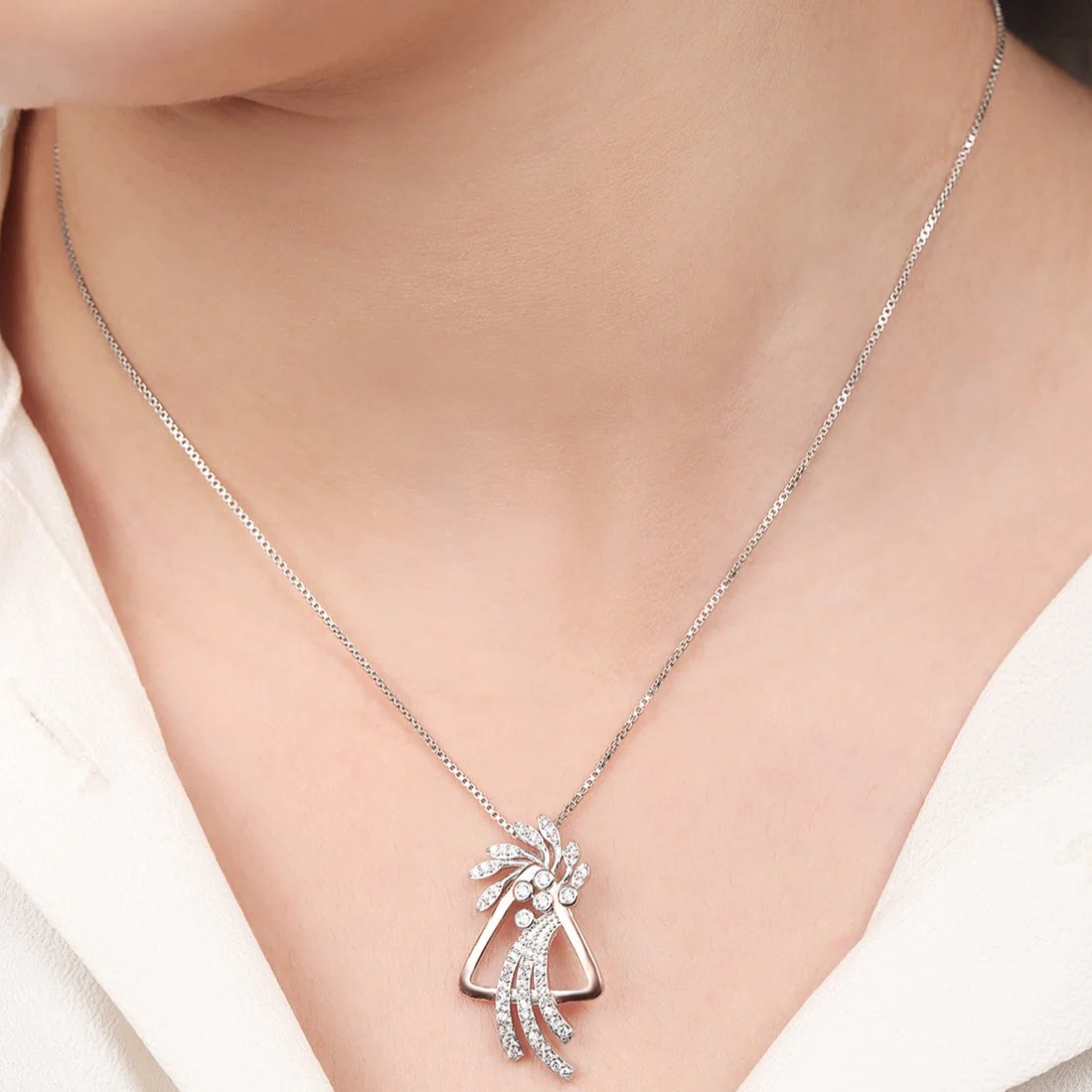 Abstract Triangle Floral CZ 925 Sterling Silver Pendant Chain - Image 2