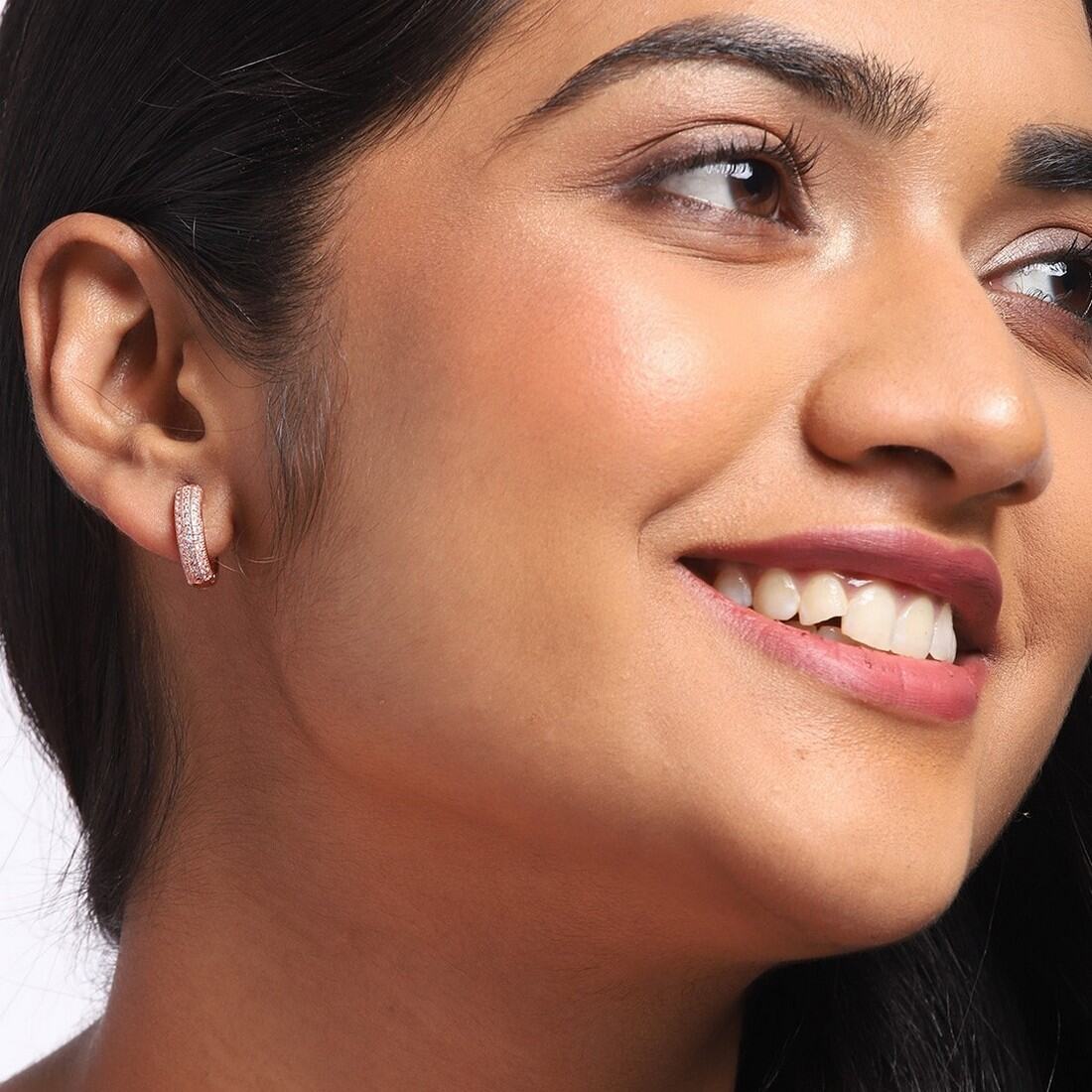 Intricate Floral Rose Gold Huggie 925 Silver Earrings - Image 3
