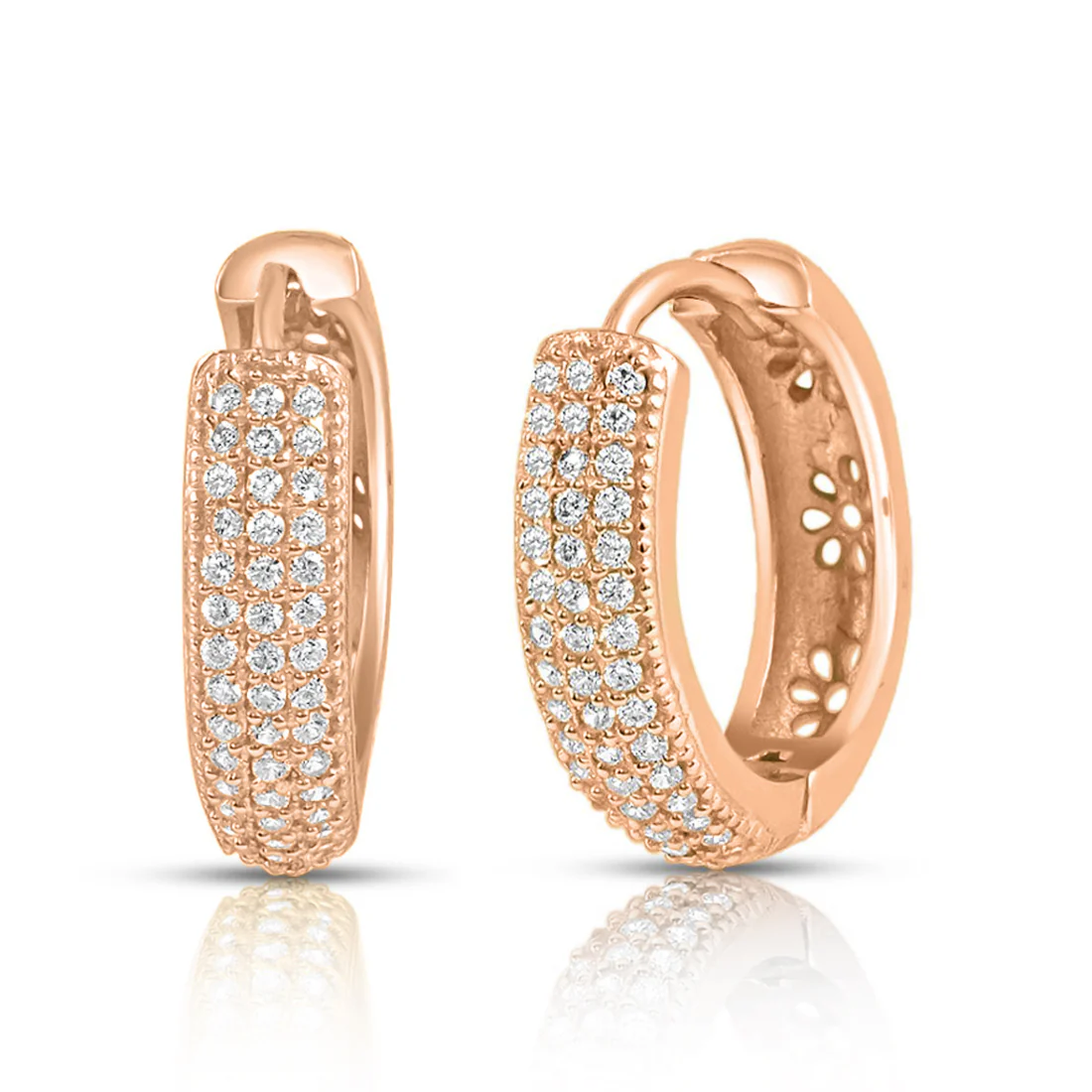 Intricate Floral Rose Gold Huggie 925 Silver Earrings - Image 4