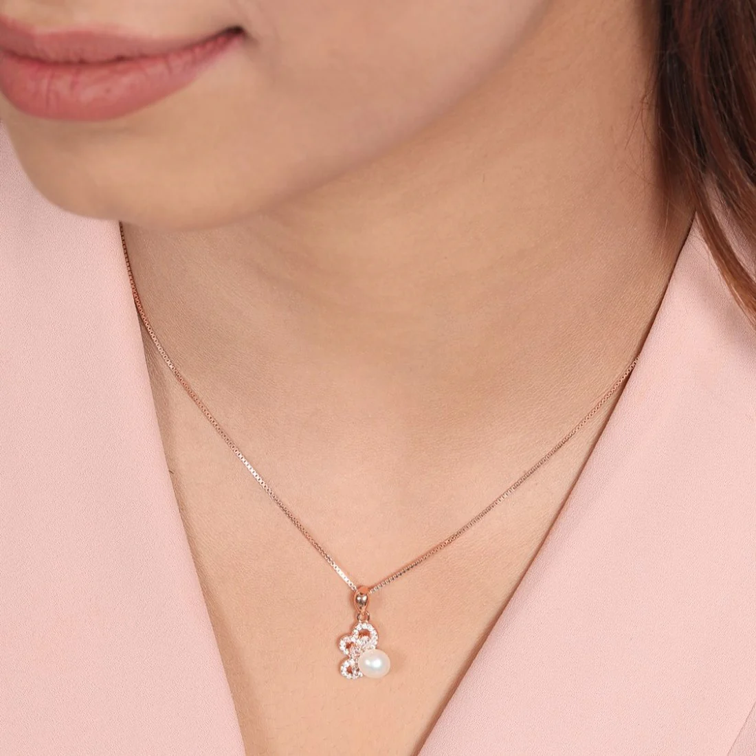Petals in Bloom Pearl-CZ Rose Gold-Plated 925 Sterling Silver Pendant with Chain - Image 3
