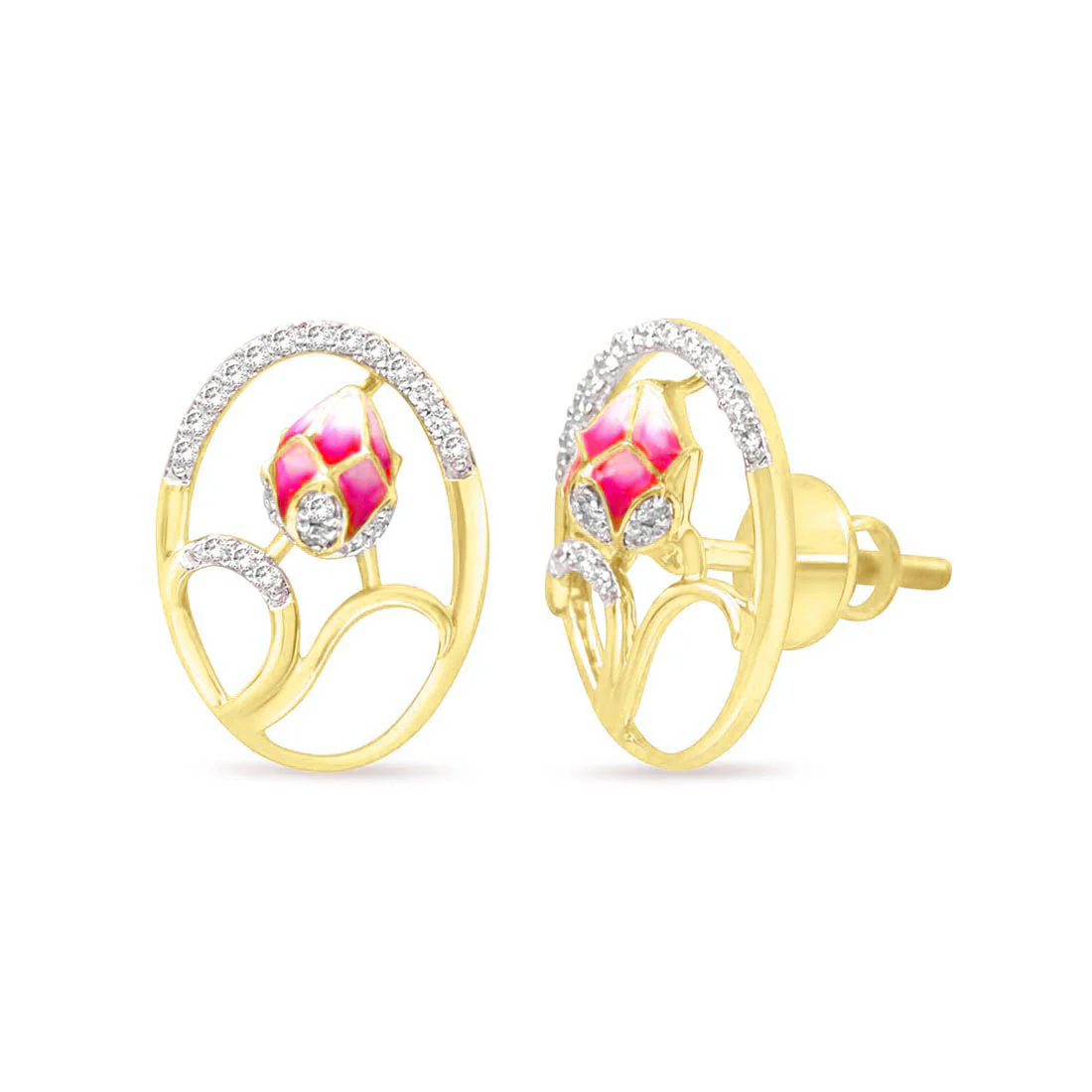 Pink Floral Fantasy Rose Gold Earrings with Lab-Grown Diamonds