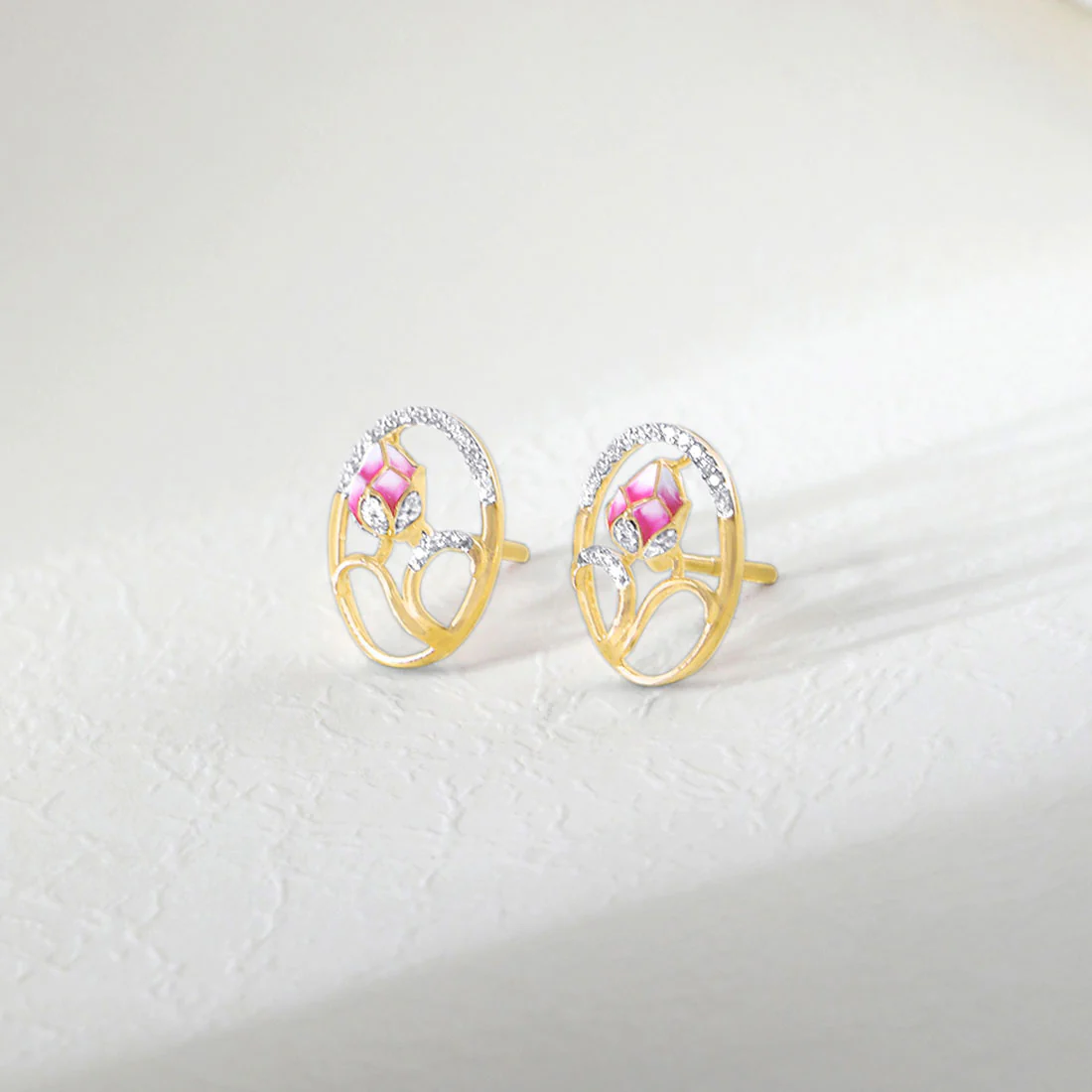 Pink Floral Fantasy Rose Gold Earrings with Lab-Grown Diamonds - Image 2
