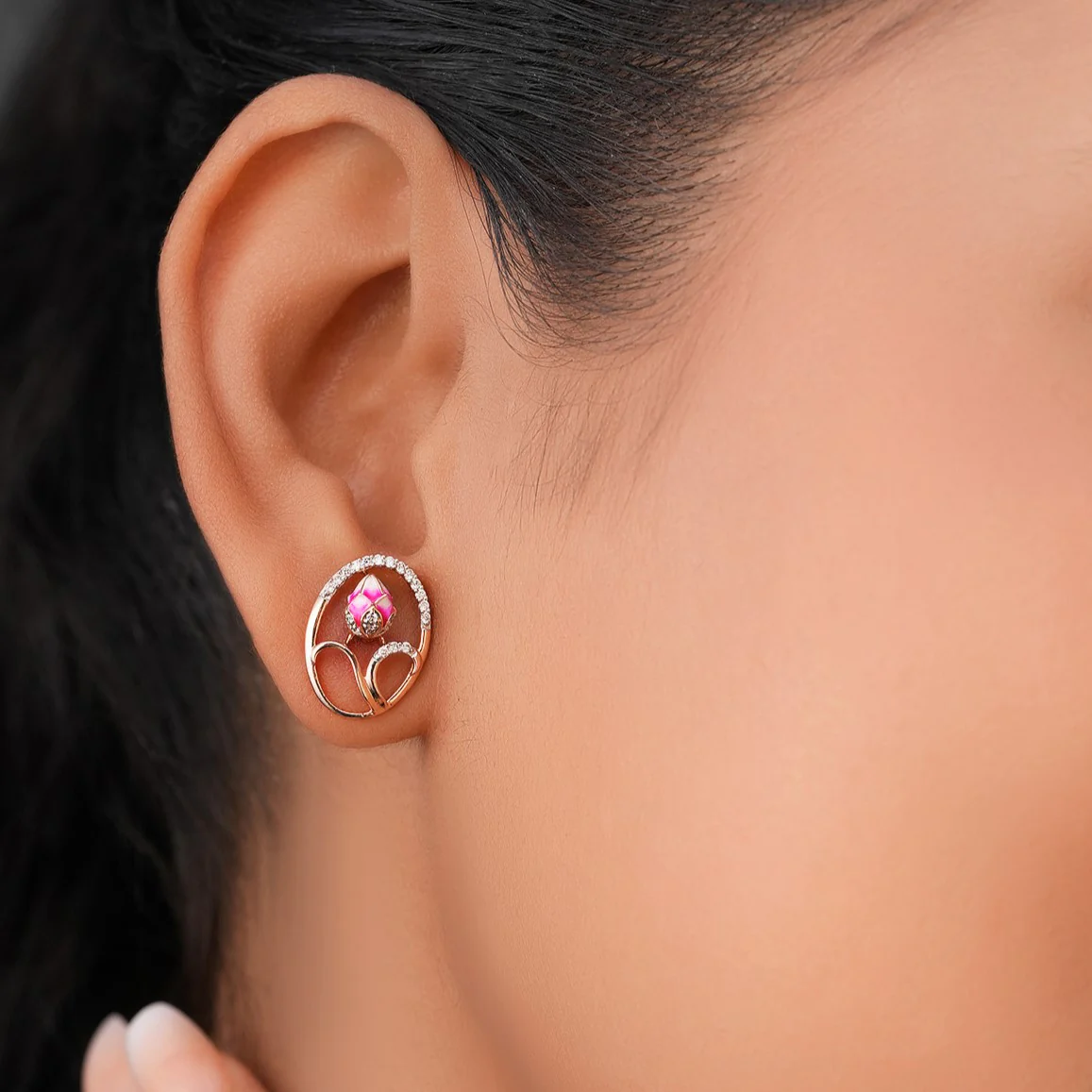 Pink Floral Fantasy Rose Gold Earrings with Lab-Grown Diamonds - Image 6