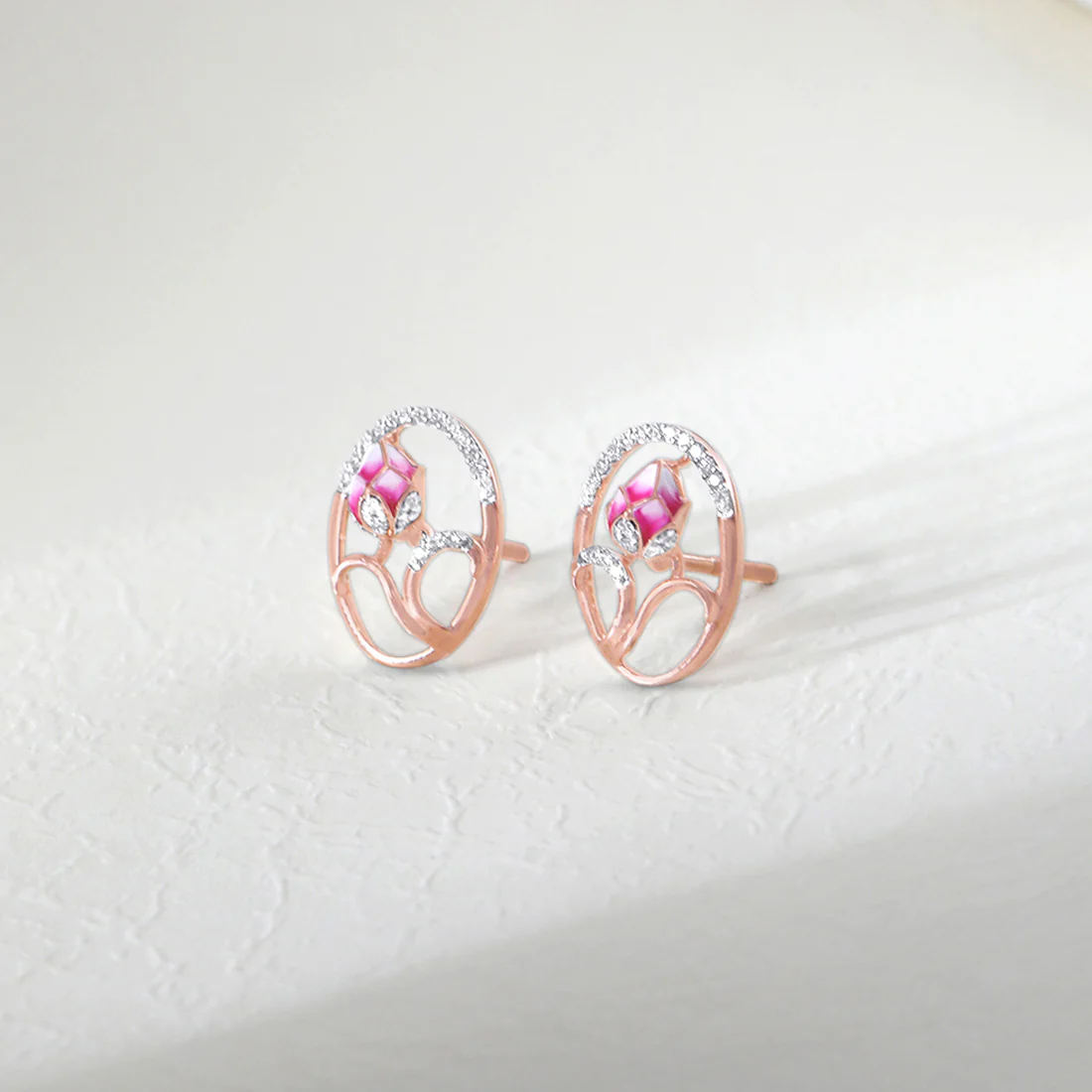 Pink Floral Fantasy Rose Gold Earrings with Lab-Grown Diamonds - Image 7