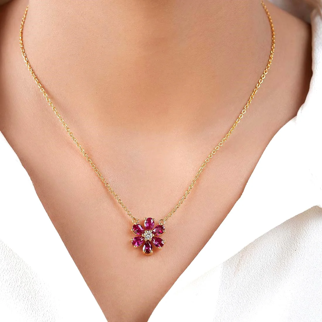 Pink Floral Gold Plated 925 Sterling Silver Necklace - Image 3