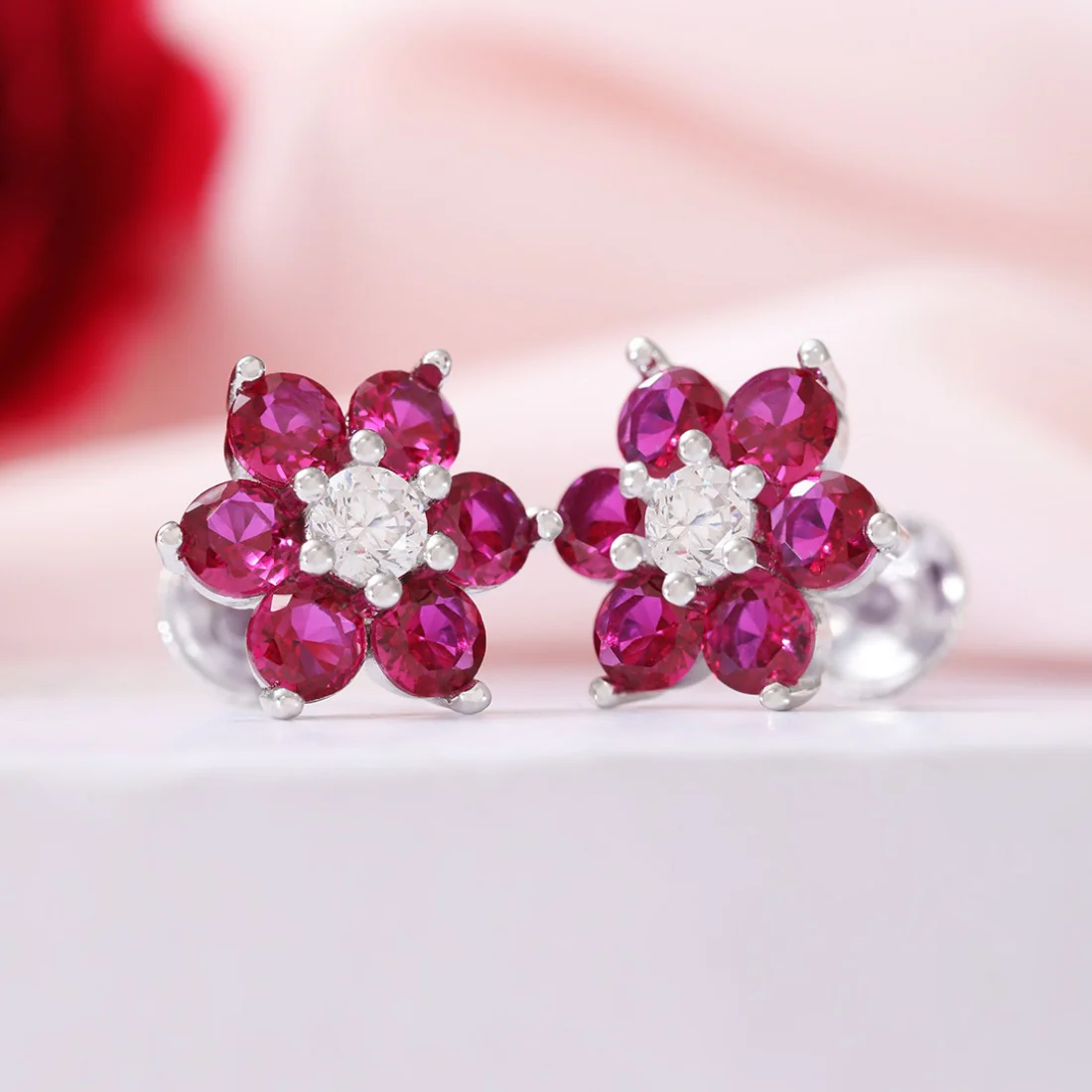 Pink Floral Rhodium Plated 925 Sterling Silver Earrings - Image 9