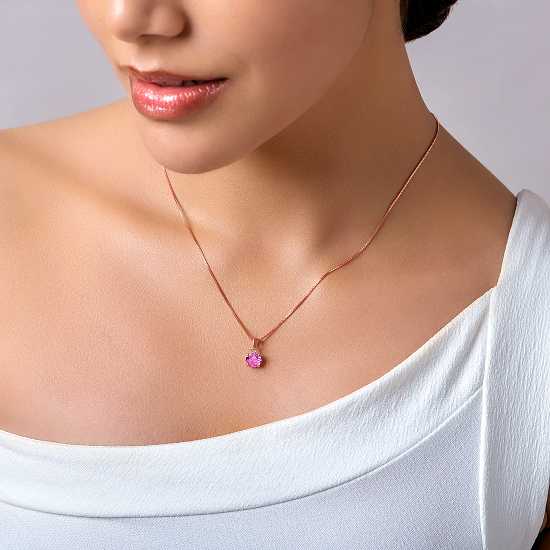 Pink Solitaire Rose Gold Plated 925 Silver Pendant with Chain - Image 3