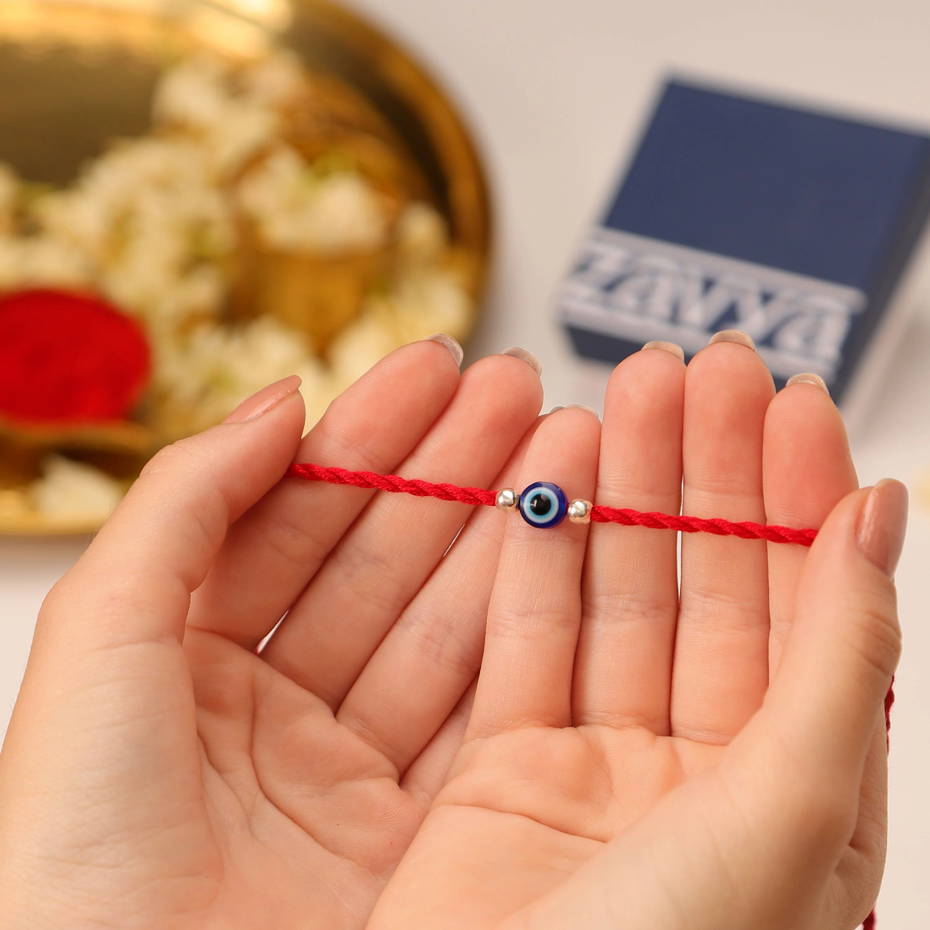Protective Evil Eye With White Stone Rhodium-Plated Silver Thread Rakhi For Him - Image 2
