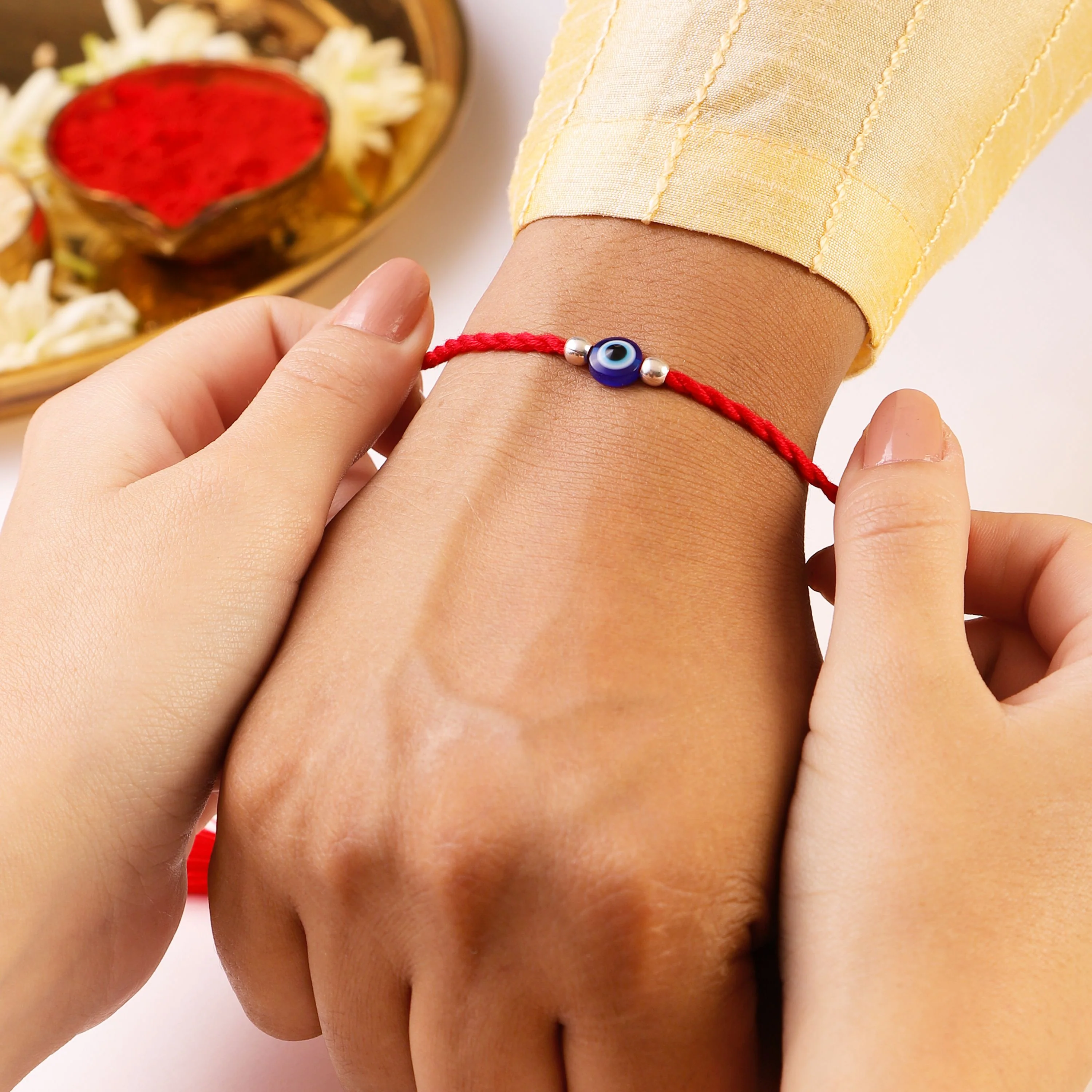 Protective Evil Eye With White Stone Rhodium-Plated Silver Thread Rakhi For Him - Image 4