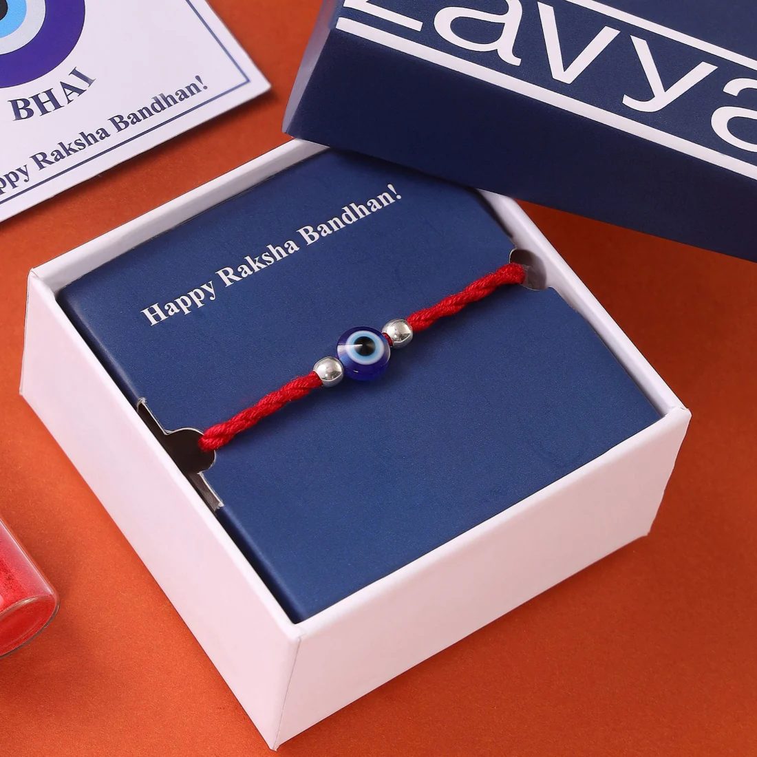 Protective Evil Eye With White Stone Rhodium-Plated Silver Thread Rakhi For Him - Image 8
