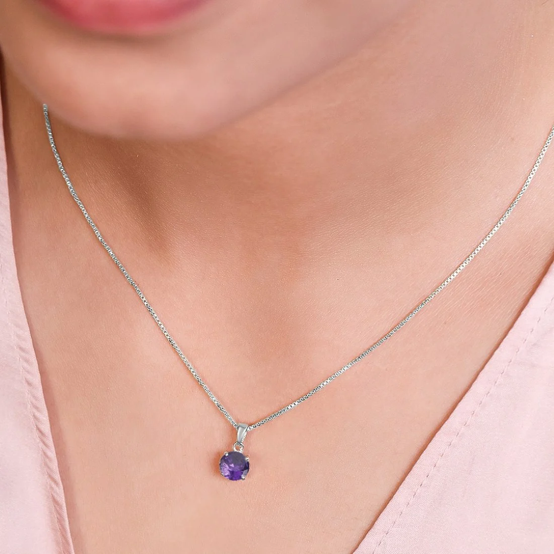 Purple Solitaire Box Chained 925 Sterling Silver Pendant with Chain - Image 2