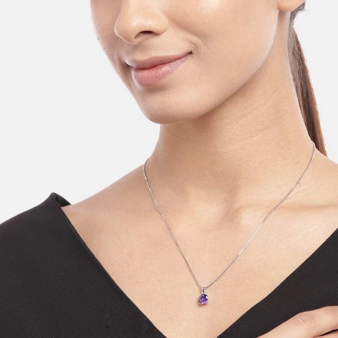Purple Solitaire Box Chained 925 Sterling Silver Pendant with Chain - Image 3