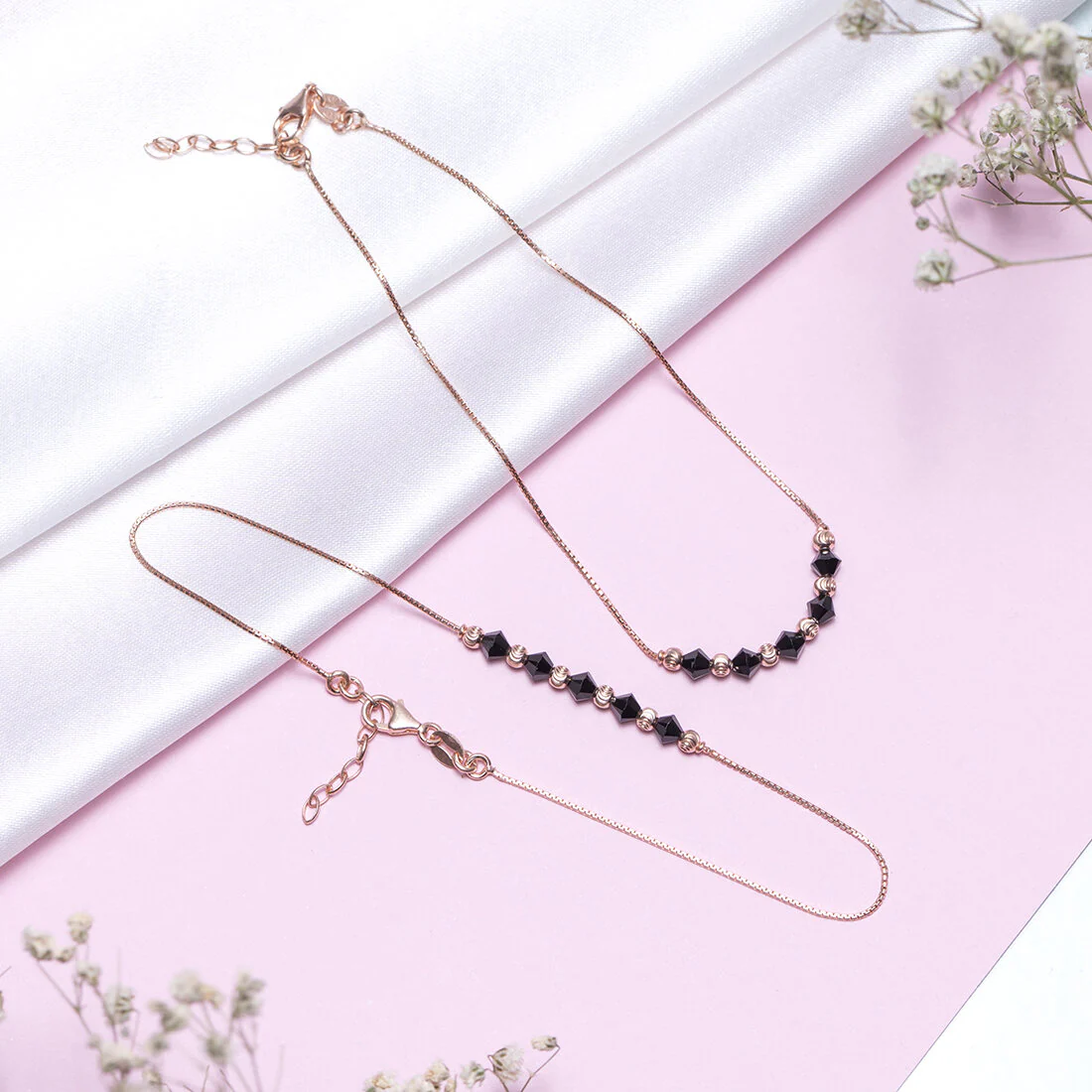 Radiant Beaded Bliss Rose Gold Plated 925 Sterling Silver Chain Anklet - Image 3