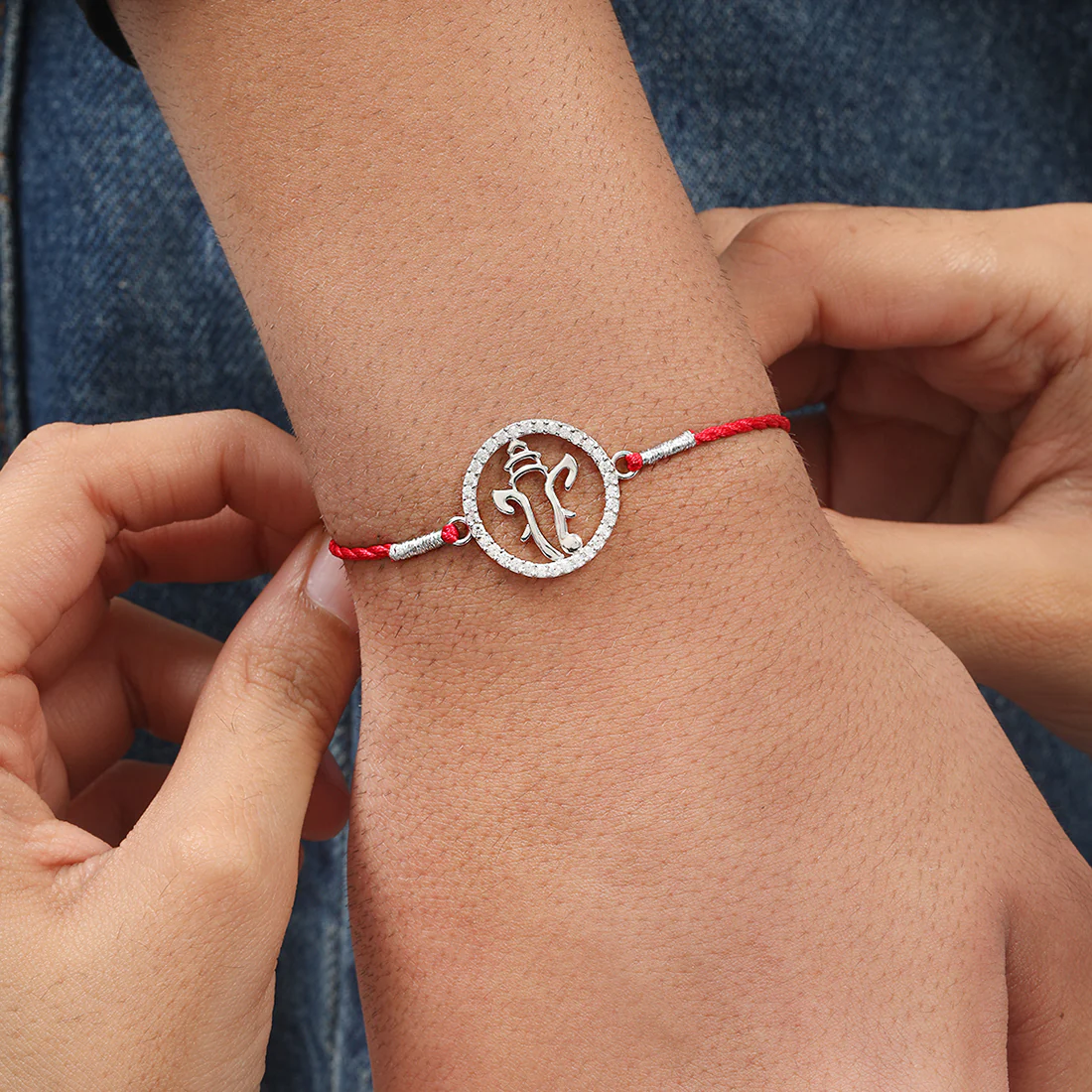 Radiant Ganesh Ji With Cubic Zirconia Rhodium-Plated Sterling Silver Thread Rakhi For Him - Image 2