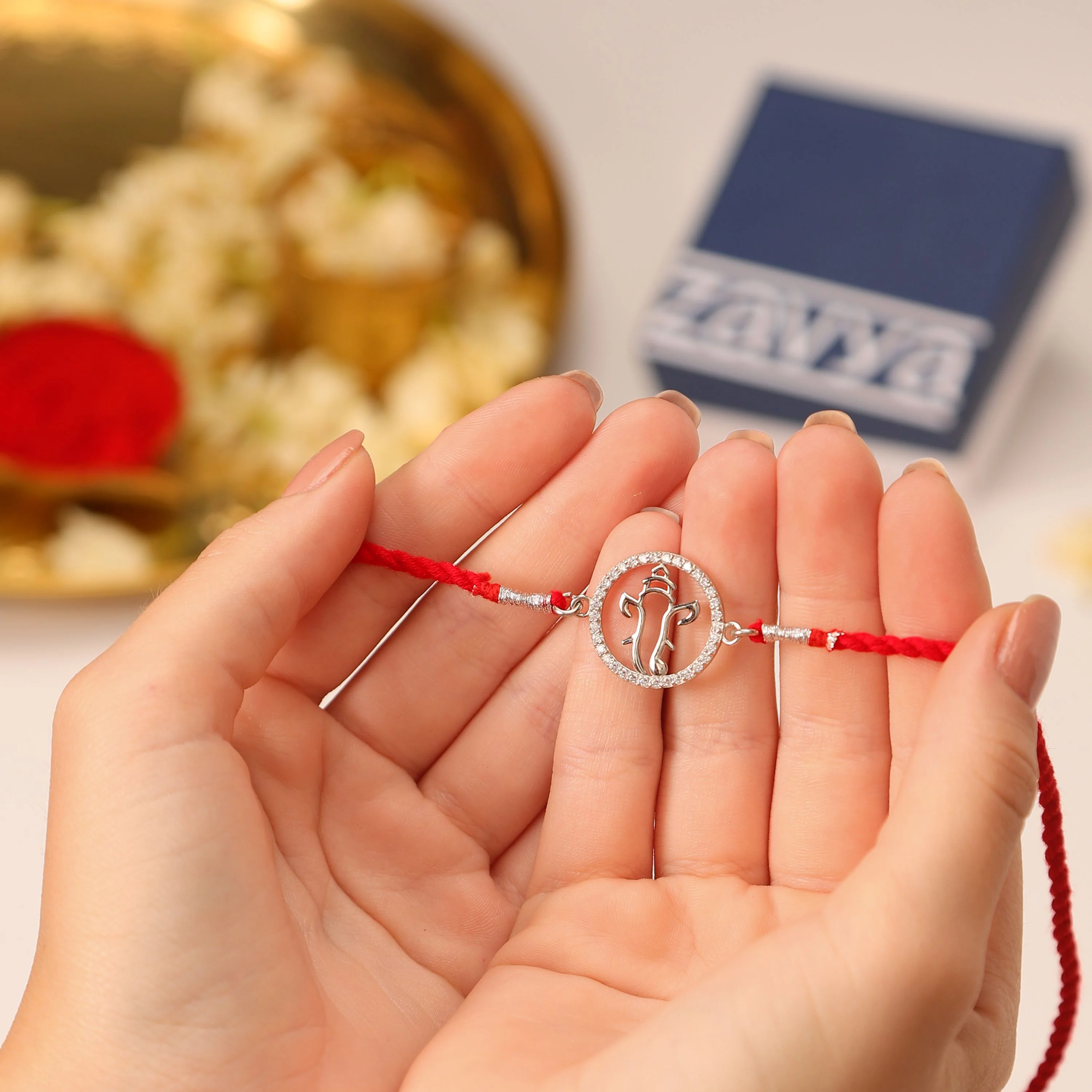 Radiant Ganesh Ji With Cubic Zirconia Rhodium-Plated Silver Thread Rakhi For Him