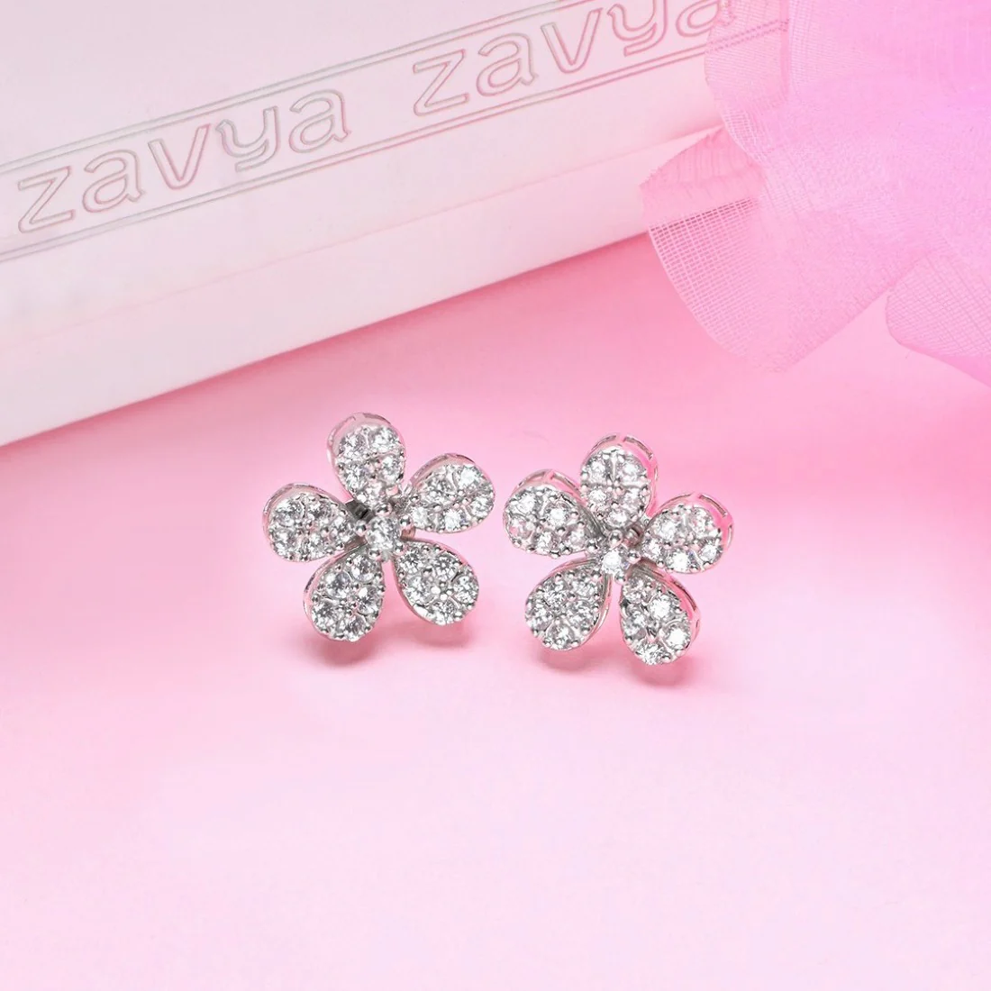 Radiant Petal Rhodium-Plated 925 Sterling Silver Stud Earrings - Image 2