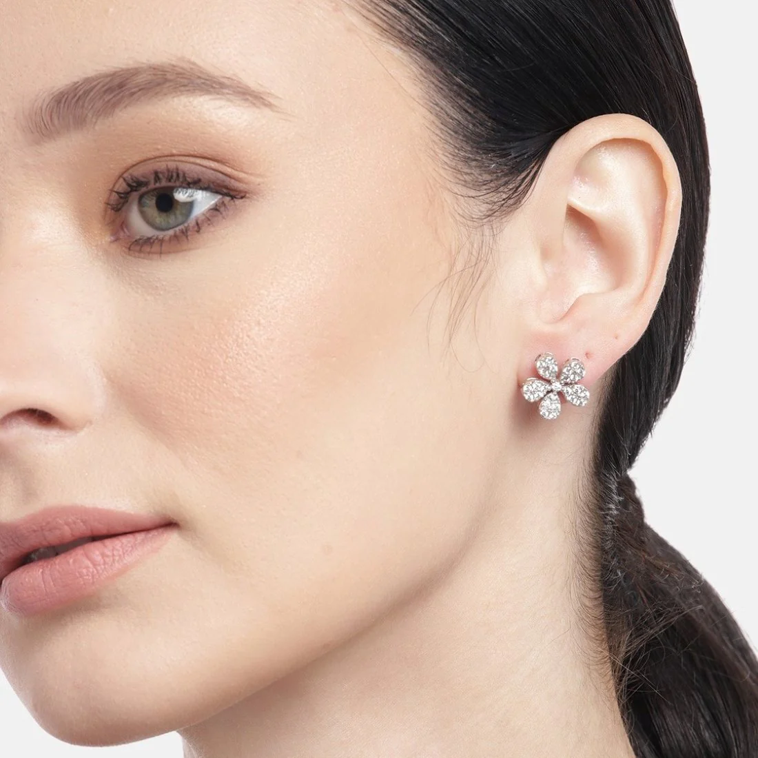 Radiant Petal Rhodium-Plated 925 Sterling Silver Stud Earrings - Image 3