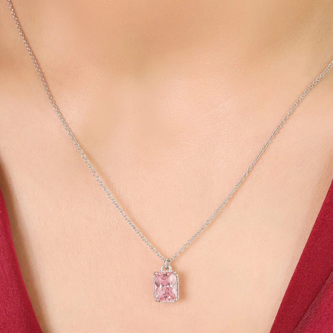Radiant Reflections 925 Sterling Silver Rhodium-Plated Rectangle Necklace - Image 2