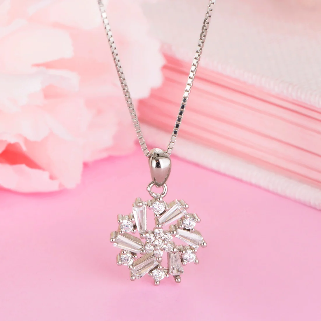 Radiant Rhodium-Plated Floral Fantasy CZ Sterling Silver Pendant with Chain