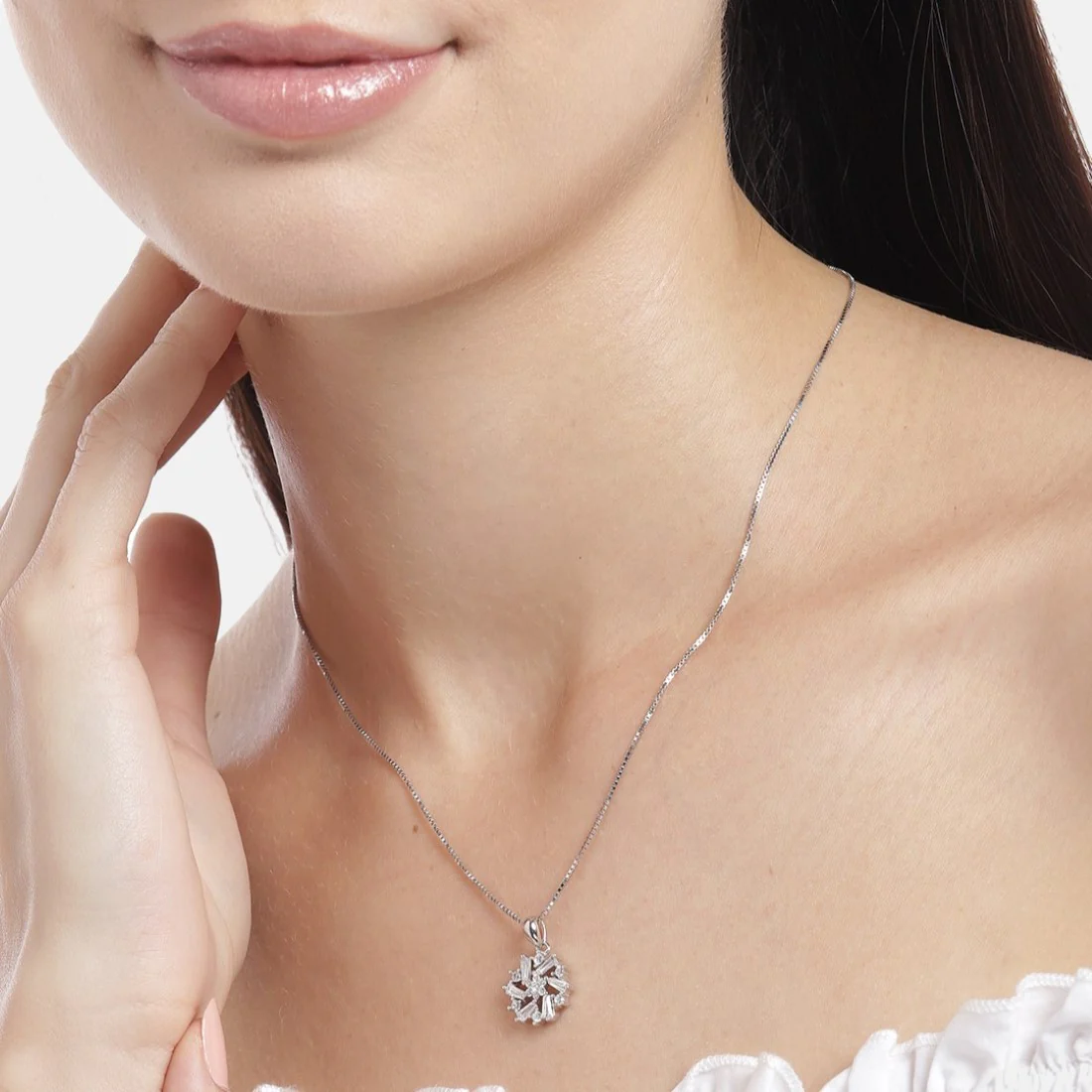 Radiant Rhodium-Plated Floral Fantasy CZ Sterling Silver Pendant with Chain - Image 2
