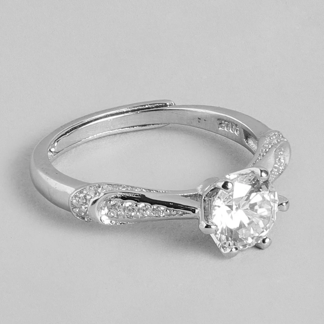 Radiant Rhodium Delight Solitaire-Adorned 925 Sterling Silver Ring (Adjustable) - Image 9