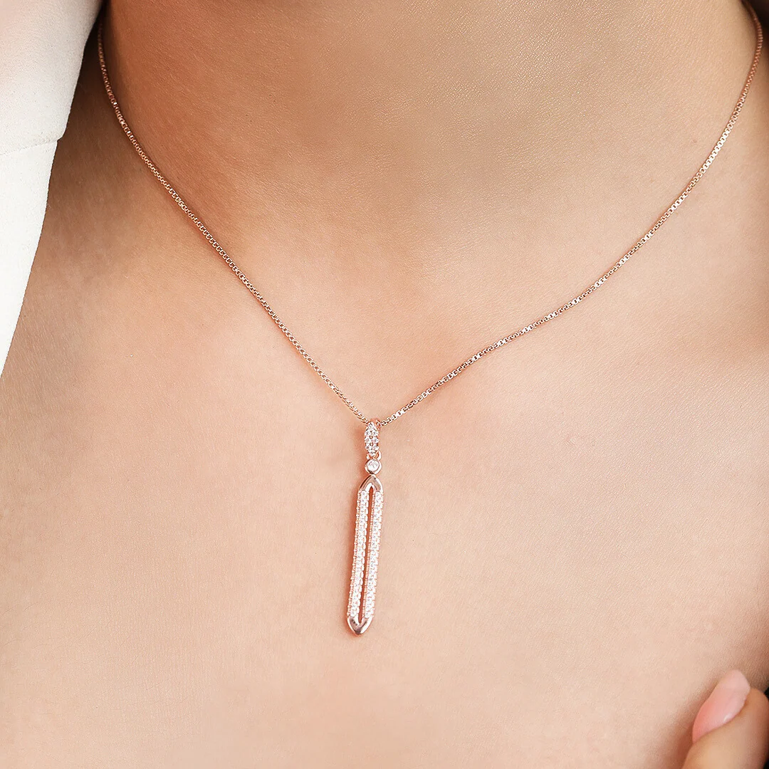 Radiant Rose Gold Elegance CZ 925 Sterling Silver Drop Pendant with Chain - Image 2
