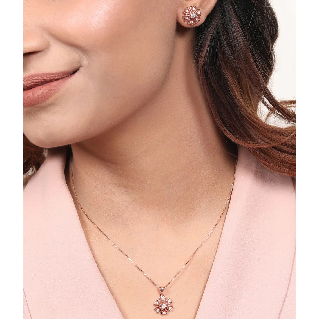 Radiant Rose Gold Floral Fantasy CZ 925 Sterling Silver Jewelry Set - Image 2