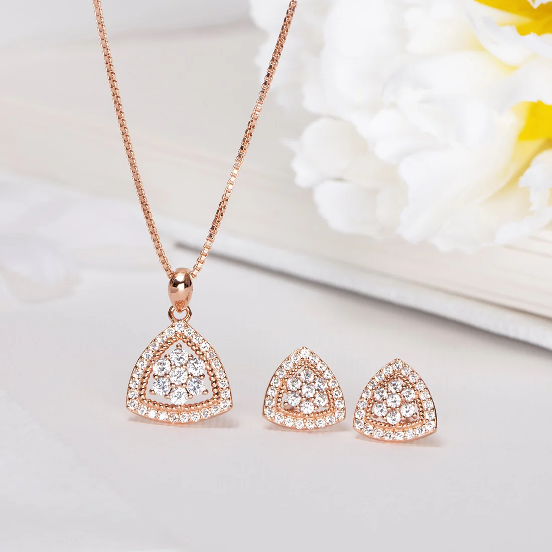 Radiant Triangle Rose-Gold Plated CZ 925 Sterling Silver Jewelry Set