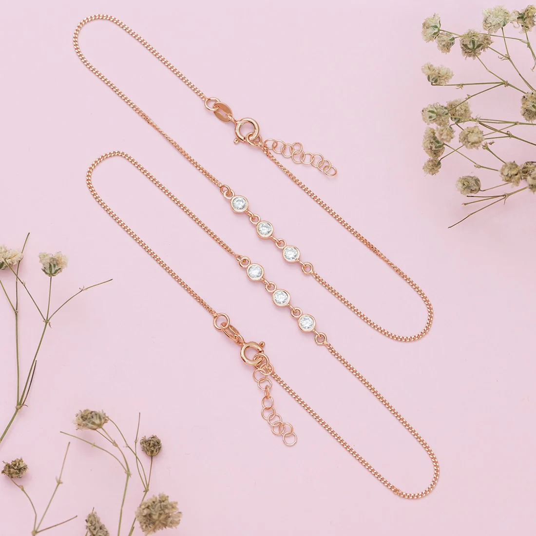 Radiant CZ Rose Gold Whispers 925 Sterling Silver Chain Anklet - Image 2