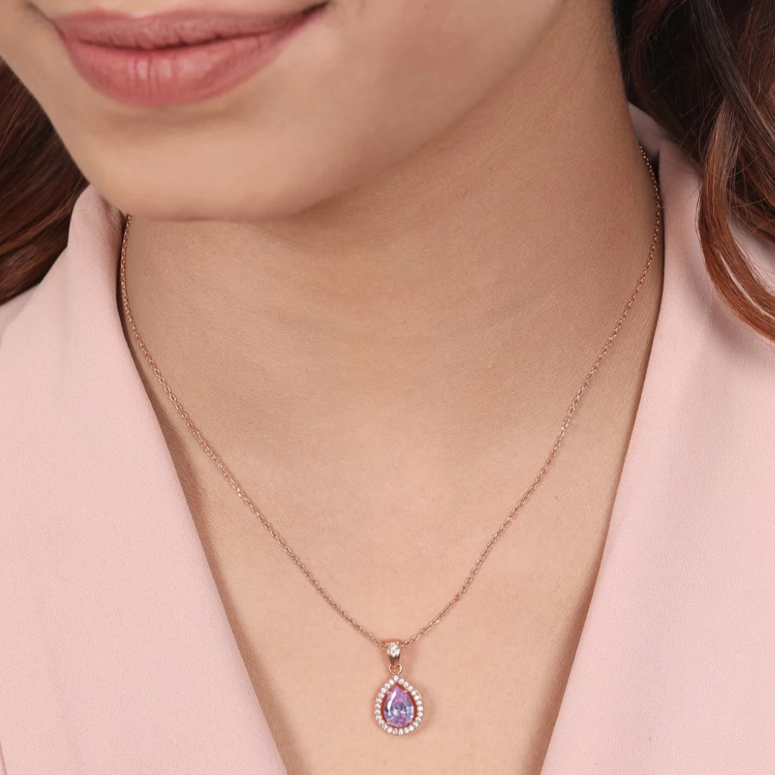 Radiant Tears 925 Sterling Silver Rose Gold-Plated Tear Drop Pendant with Chain - Image 3