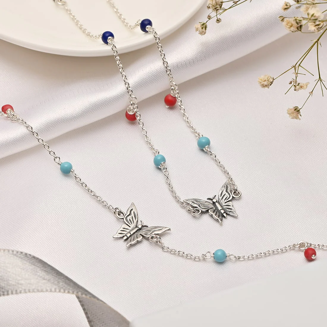 Rainbow Butterfly Rhodium Plated 925 Sterling Silver Anklet with Colorful Beads - Image 2
