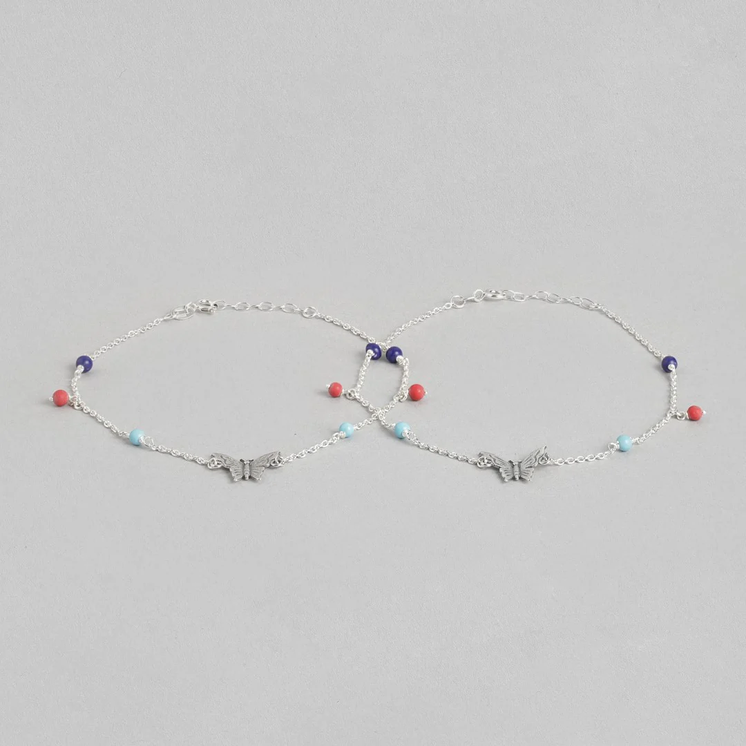 Rainbow Butterfly Rhodium Plated 925 Sterling Silver Anklet with Colorful Beads - Image 3