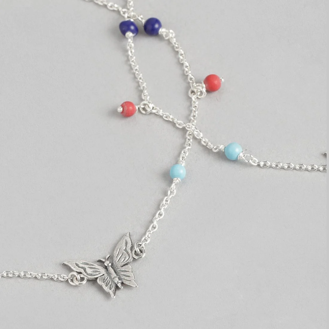 Rainbow Butterfly Rhodium Plated 925 Sterling Silver Anklet with Colorful Beads - Image 5