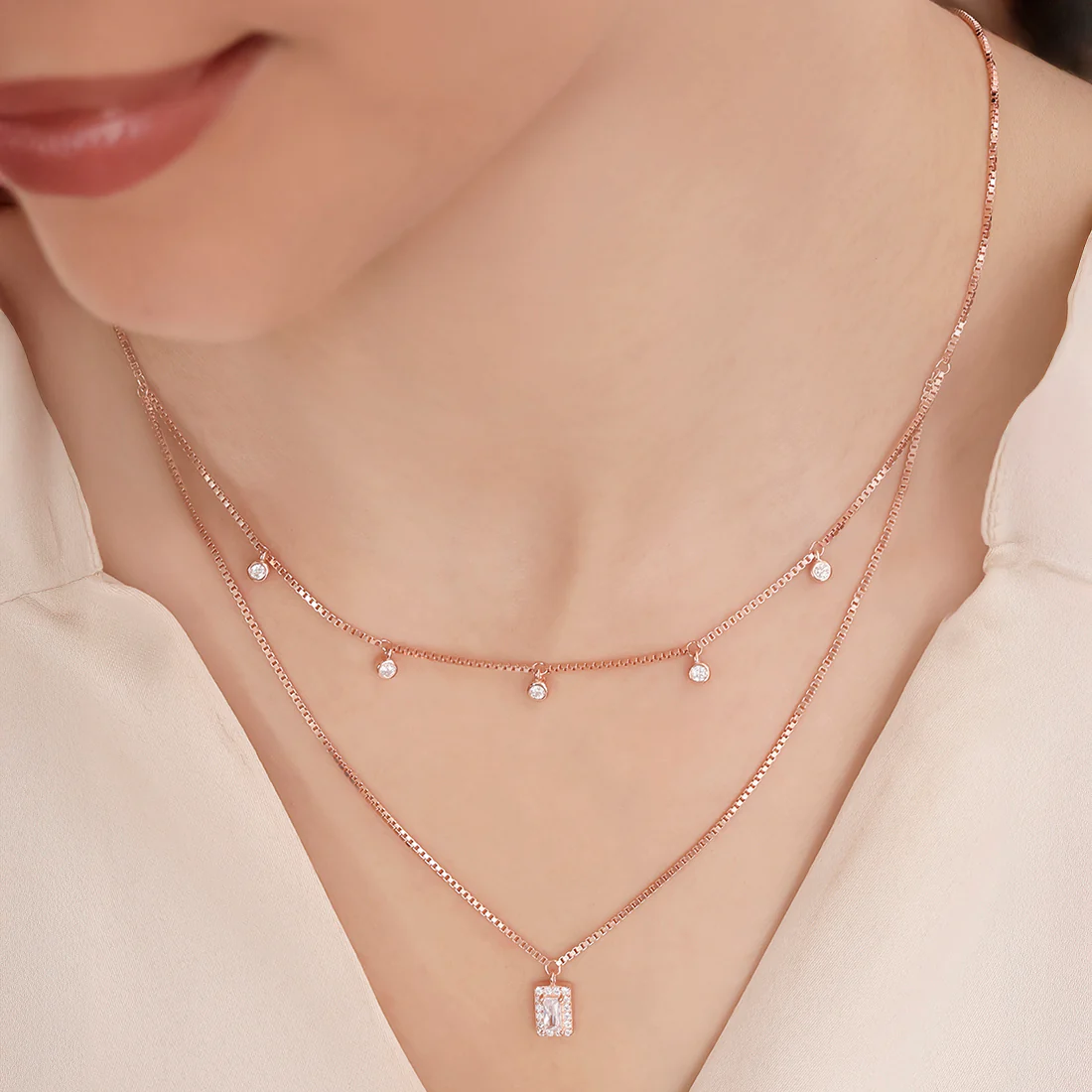 Rectangular CZ Rose Gold Plated 925 Sterling Silver Necklace - Image 3