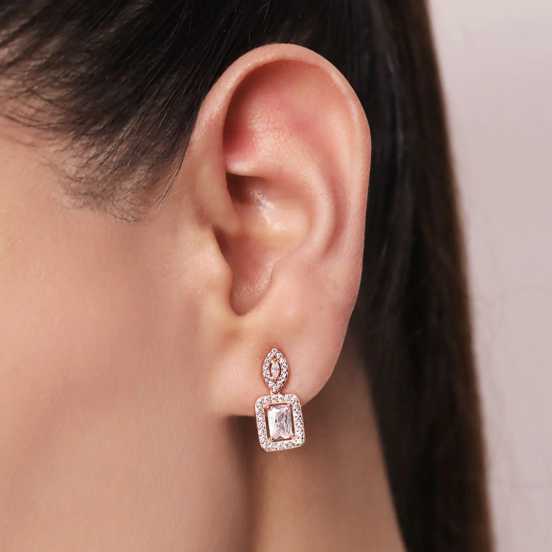 Rectangular CZ Radiance 925 Sterling Silver Rose Gold-Plated Earring - Image 2