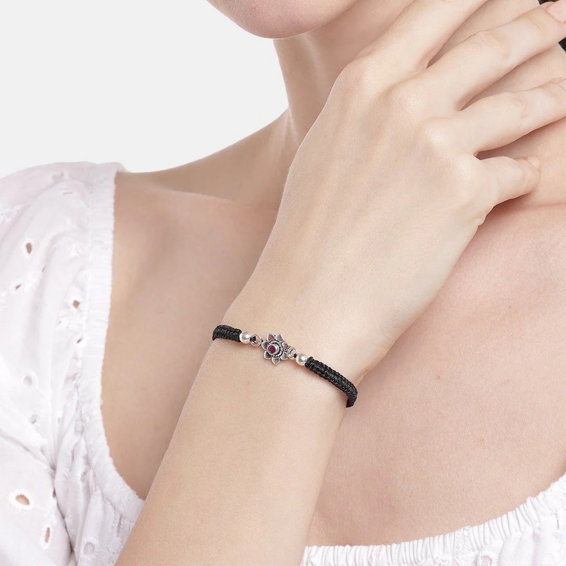 Red Cubic Zirconia Black Thread 925 Sterling Silver Bracelet - Image 2