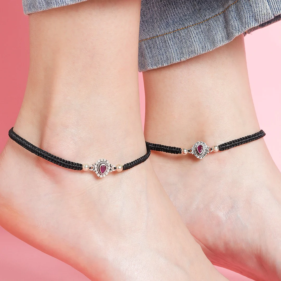 Red Stone Rhodium Plated 925 Sterling Silver Anklet