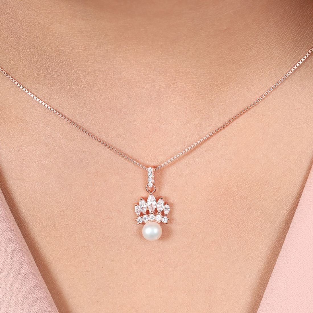 Regal Crown Jewel 925 Sterling Silver Rose Gold-Plated Pendant with Chain - Image 3