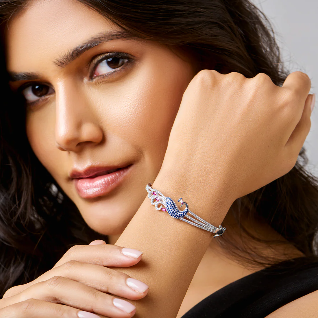 Regal Plumage Rhodium-Plated 925 Sterling Silver Peacock Bracelet - Image 3
