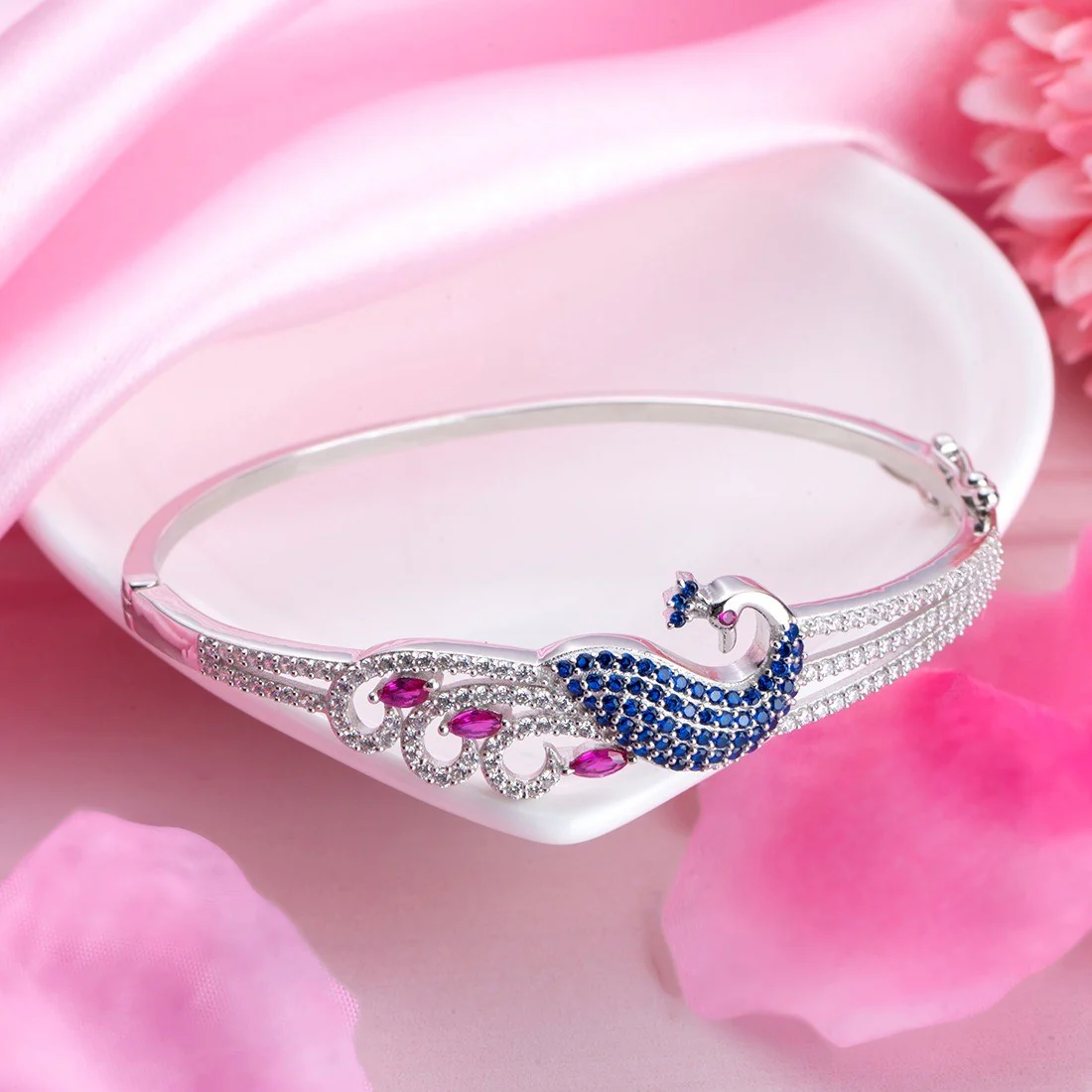 Regal Plumage Rhodium-Plated 925 Sterling Silver Peacock Bracelet - Image 4