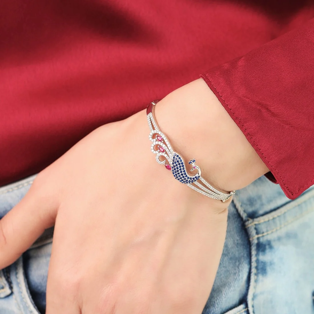 Regal Plumage Rhodium-Plated 925 Sterling Silver Peacock Bracelet - Image 5