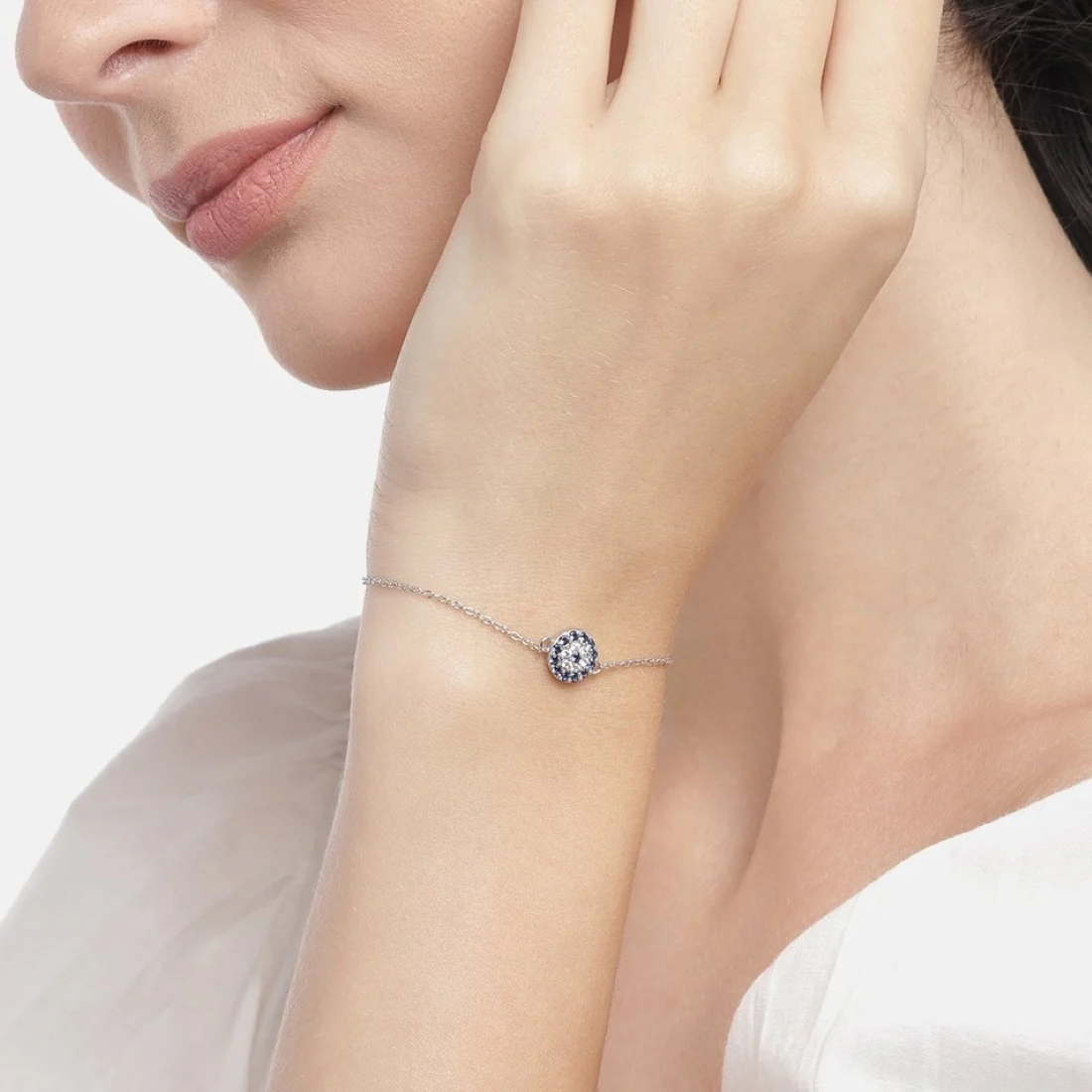 Rhodium Enchanted CZ Eye 925 Sterling Silver Chain Bracelet - Image 2