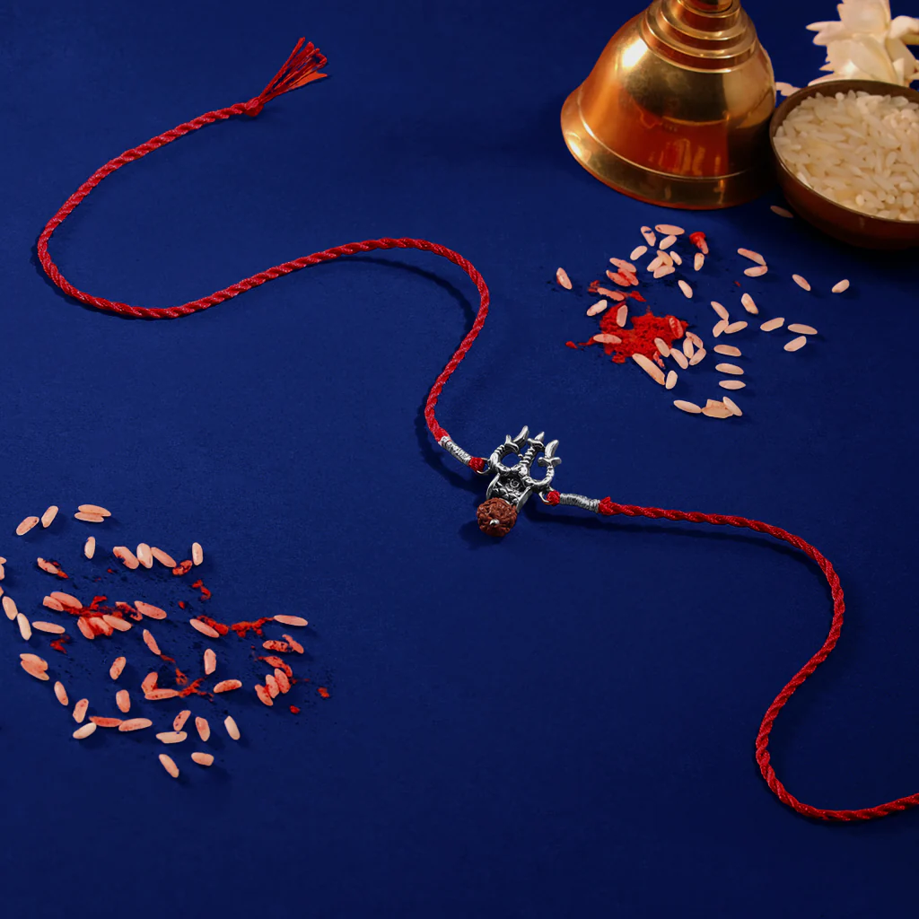 Shiva's Blessing With Rudraksh Rhodium-Plated Sterling Silver Thread Rakhi For Him - Image 5